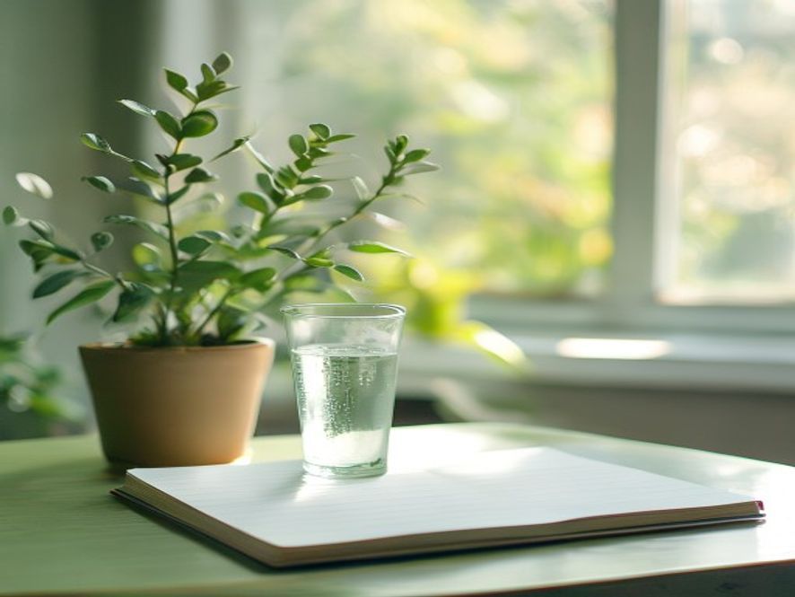 Peaceful desk area with plant, water glass, and open notebook in natural light